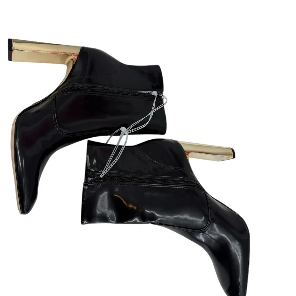 Gianni Bini Mavis Black Patent Ankle Boots Gold Block Heel Pointed Toe Size 8.5
